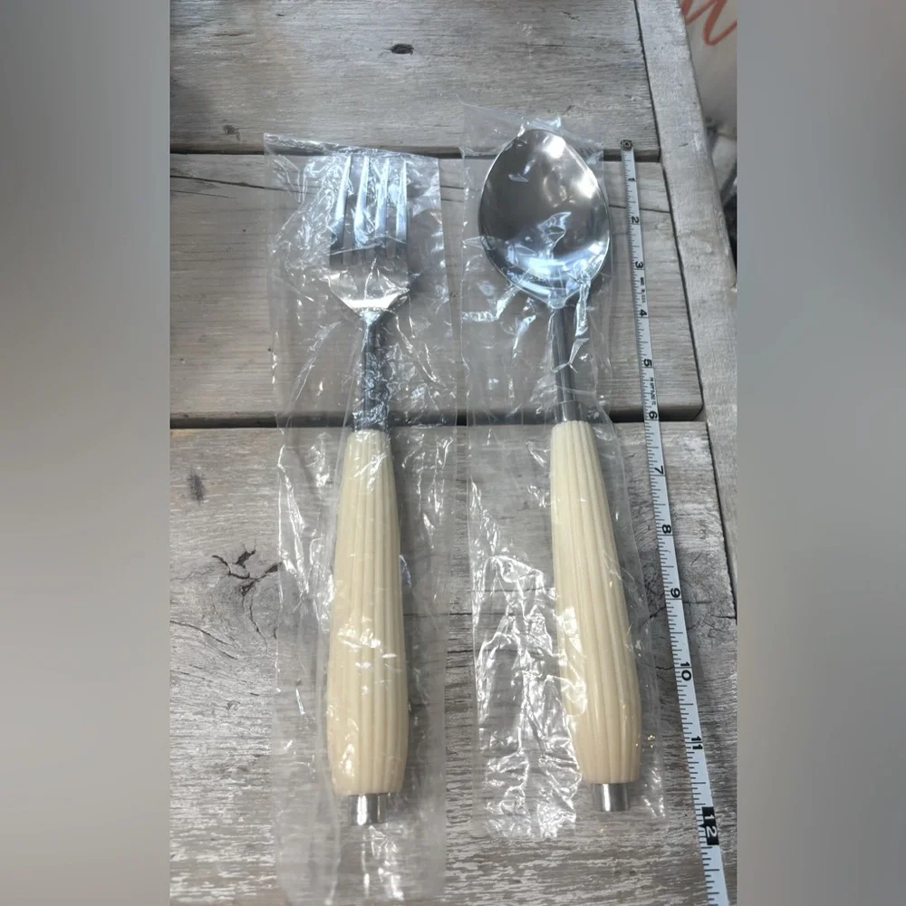 NWOT Stainless Steel Serving Set. Spoon | Fork. 11.5”L Trendy | Ribbed Design